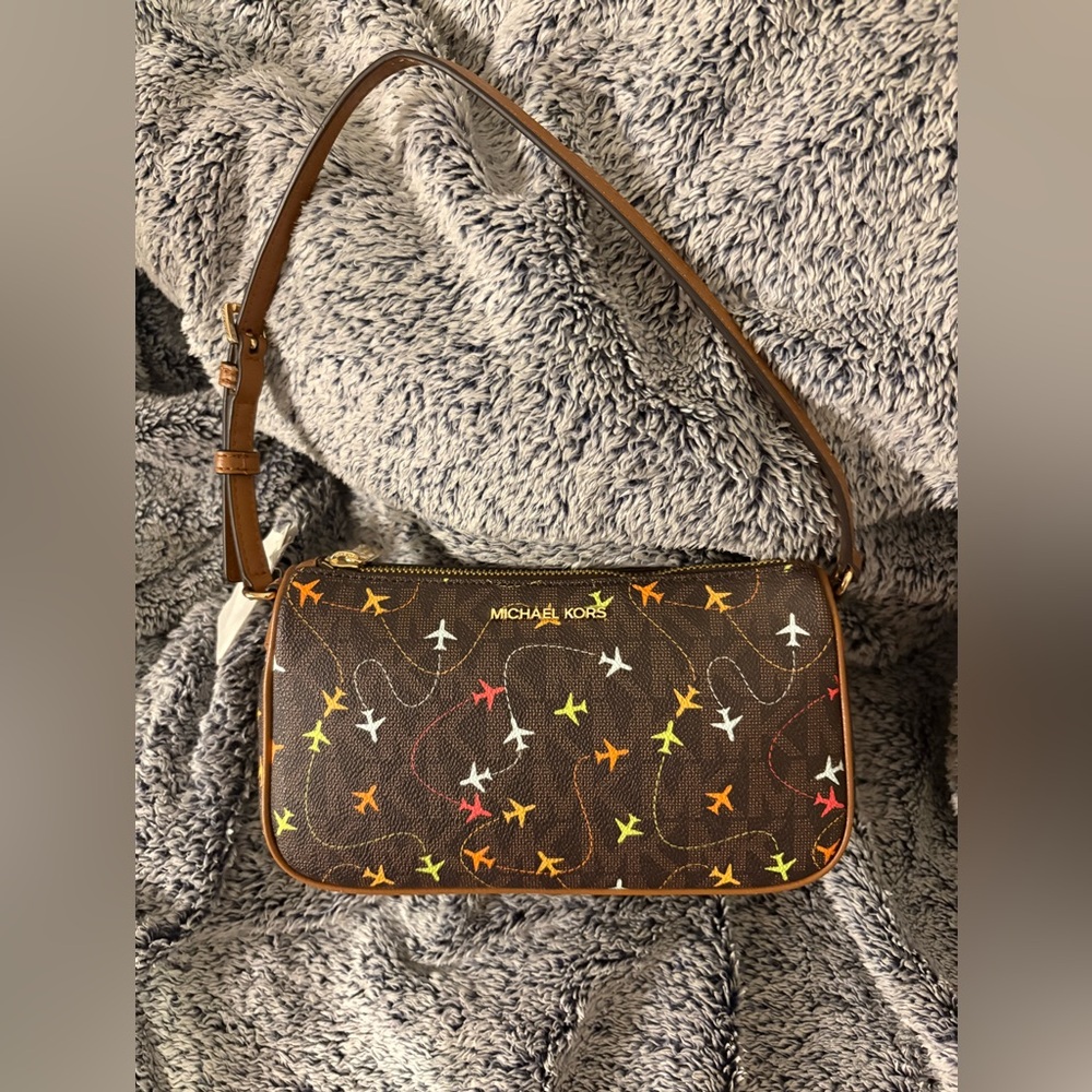 MICHAEL KORS JET SET Brown MULTI EAST WEST Airplanes POUCHETTE Shoulder Bag NEW